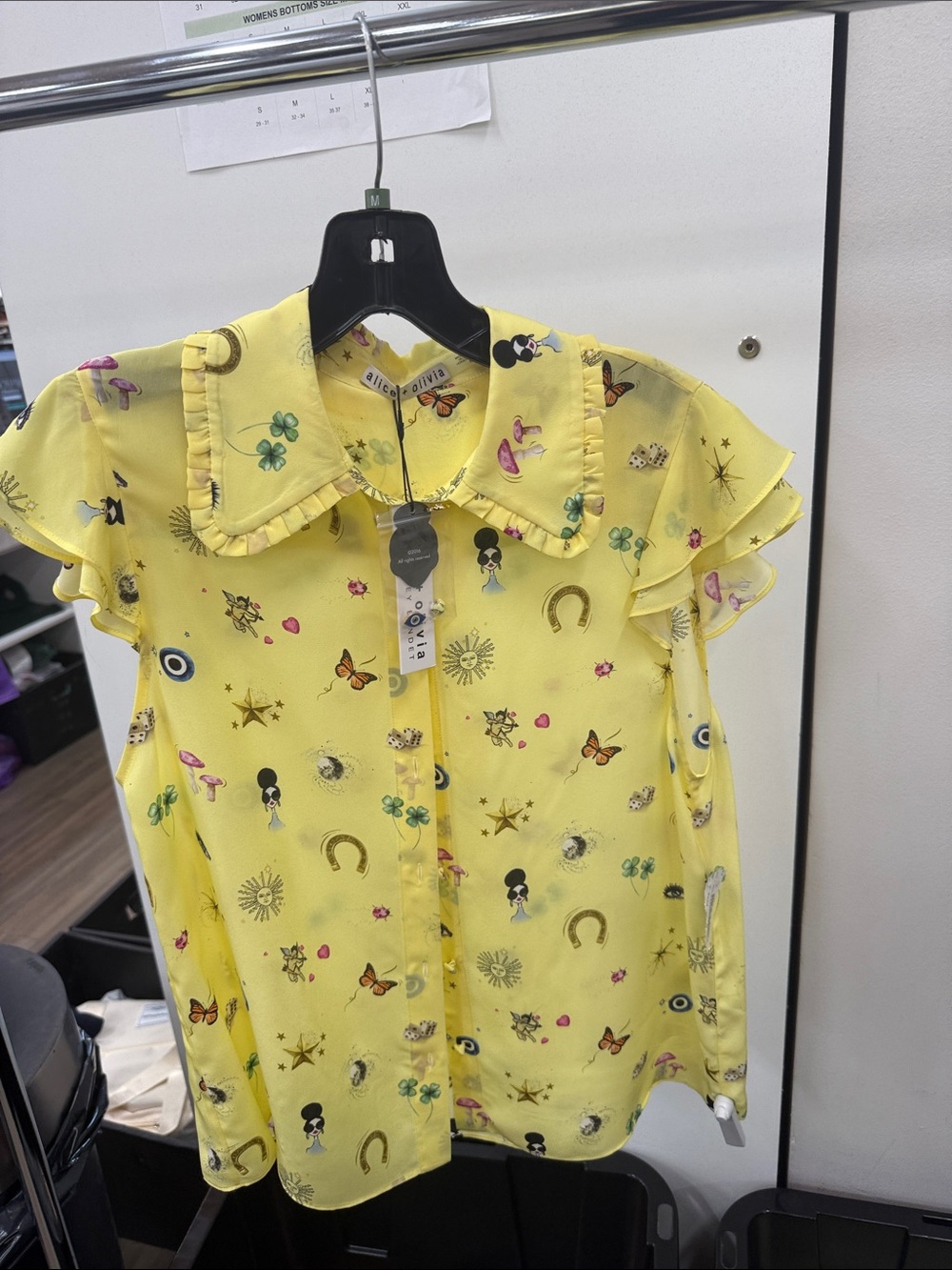 Alice + Olivia Yellow Ruffle-Collar Printed Button-Down Top